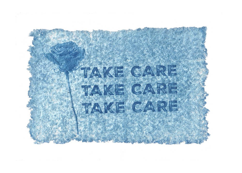 A square blue textured card or print with a single rose illustration and the repeated text 'TAKE CARE' in blue, shown on a white background.